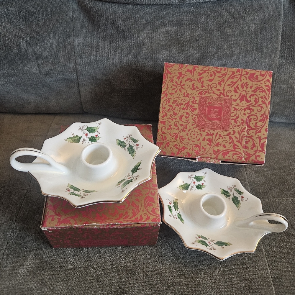 Vintage Christmas Holly Chamber Stick Candle Holders Made In Japan